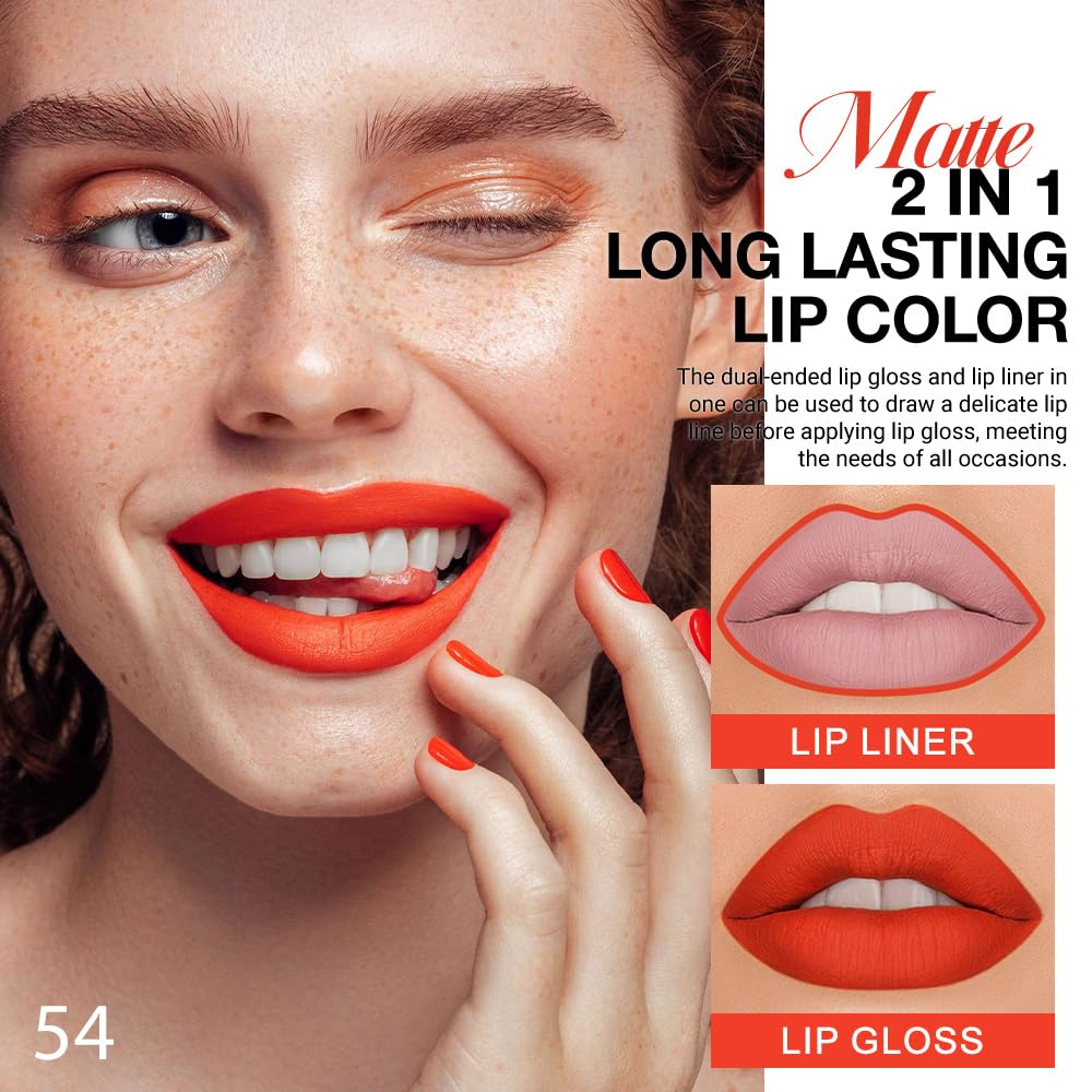 1Pcs 2 in 1 Orange Red Matte Lip Liner and Liquid Lipstick Stain Makeup Set for women, Orange Red Long Lasting Smudge Proof Lip Tint Matte Finish Lip Gloss for All-Day Color Hold Easy to Use 54#