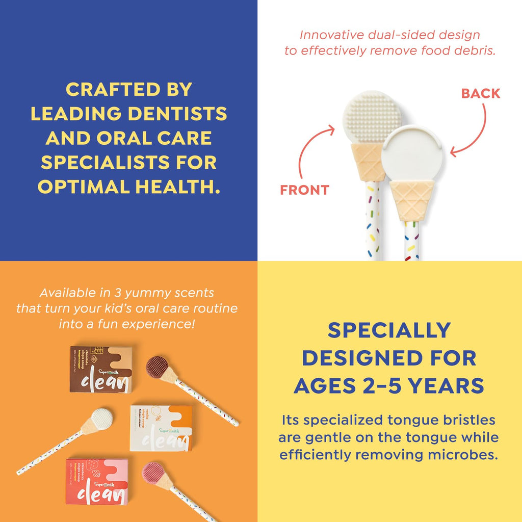 SuperMouth® Single Scoop Tongue Scraper for Toddlers & Kids Ages 2-5 – Dual-Sided Brush & Scraper Removes Odor-Causing Buildup, Fights Bad Breath, Gentle Easy-Grip Design, 3 Scents, Early Oral Care