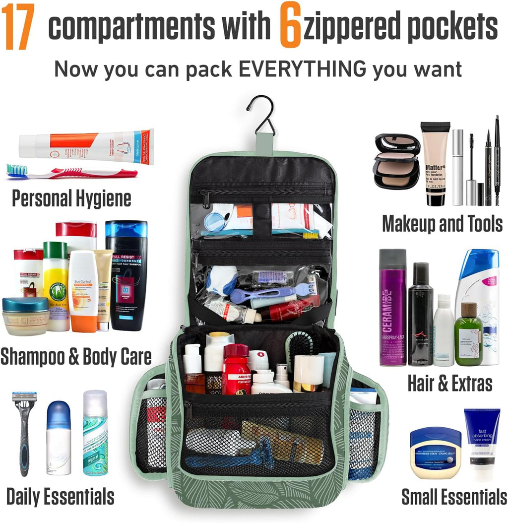 VENTURE 4TH Hanging Travel Toiletry Bag for Women & Men - Travel Organizer with Expandable Compartments & Removable Clear Pouch for Toiletries (Green Leaves)