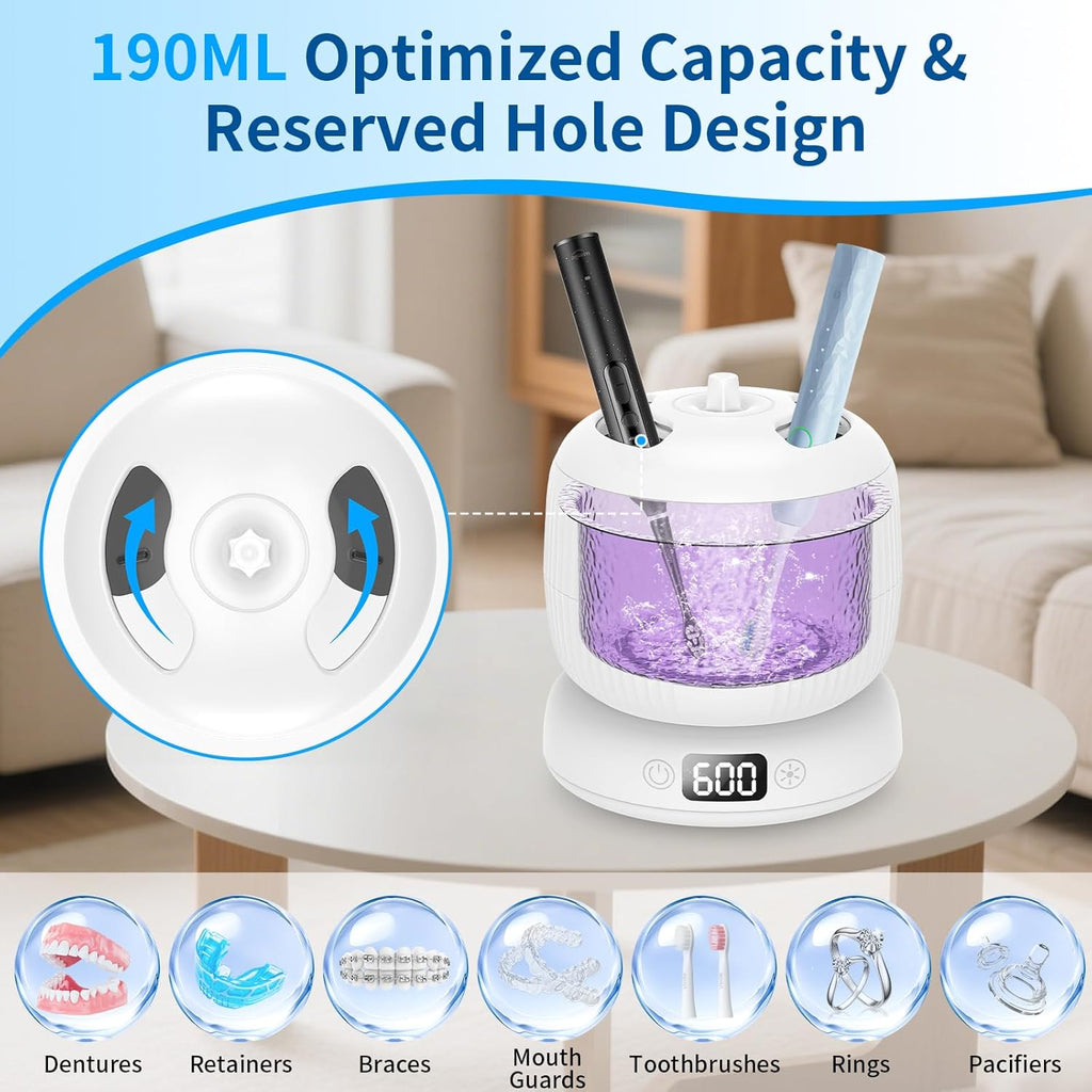 2025 Upgraded Ultrasonic Retainer Cleaner Machine,Separate Retainer Cleaner for Night Guards, Braces, Aligner, Jewelry, 4 Modes Denture Cleaner & Removable Base and Top Cover(White)