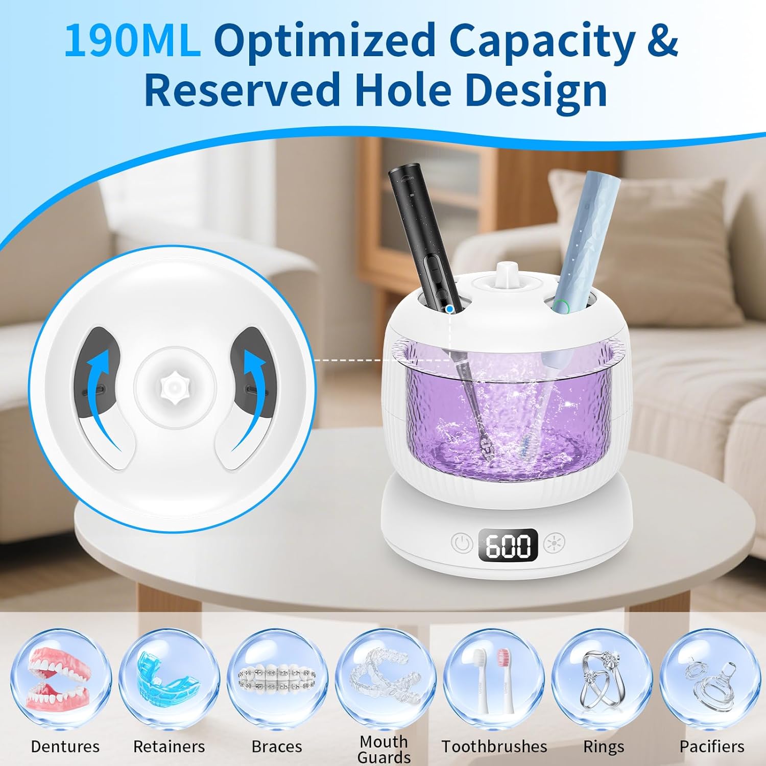 2025 Upgraded Ultrasonic Retainer Cleaner Machine,Separate Retainer Cleaner for Night Guards, Braces, Aligner, Jewelry, 4 Modes Denture Cleaner & Removable Base and Top Cover(White)