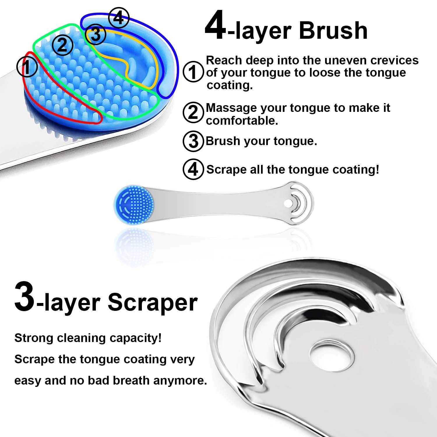MOOSEC Tongue Scraper for Adults&Kids, Durable Food Grade 2 in 1 Silicone Tongue Brush and 100% Stainless Steel Tongue Scrapers, Reduce Bad Breath