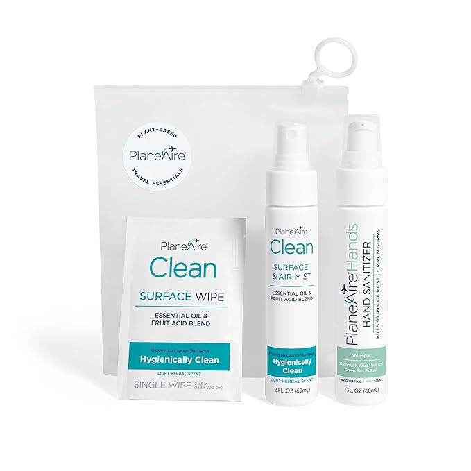 Travel Essentials | Hygiene Kit | Travel Toiletry Kit | Travel Size | Gel Hand Sanitizer 3-Mint Scent | Surface Wipes | Individual Travel Wipes | Surface Cleaner & Air Mist | Made with Essential Oils