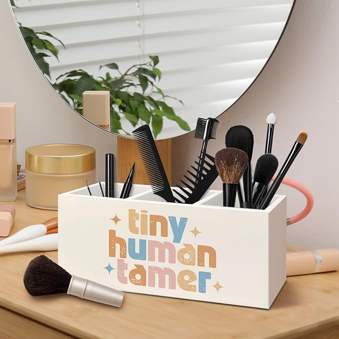 Tiny Human Tamer Gifts Wooden Pen Pencil Holder for Desk Accessories, Funny Preschool Teacher Gifts, Teacher Wood Makeup Brush Toothbrush Holder Organizer for Vanity Bathroom