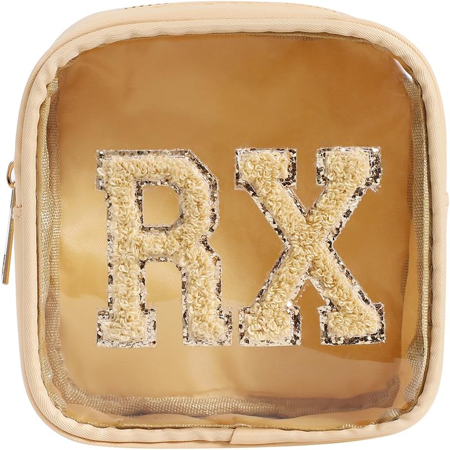 Small Chenille Letter Clear Medicine Makeup Bags,Nylon PVC Waterproof Rx Pouch with Metal Zipper, Cute Drug First Aid Travel Organizer for Women Girls(07Khaki)