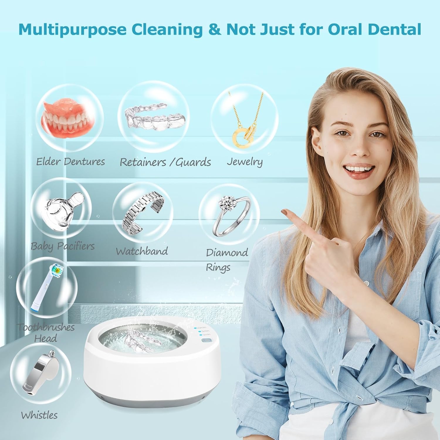 Ultrasonic Jewelry Cleaner, 49kHz Mini Ultrasonic Retainer Cleaner Machine for Earrings, Jewelry, Dentures, Aligner, Night Guards, Mouth Guard- 304 Stainless Steel, 3 Cleaning Modes