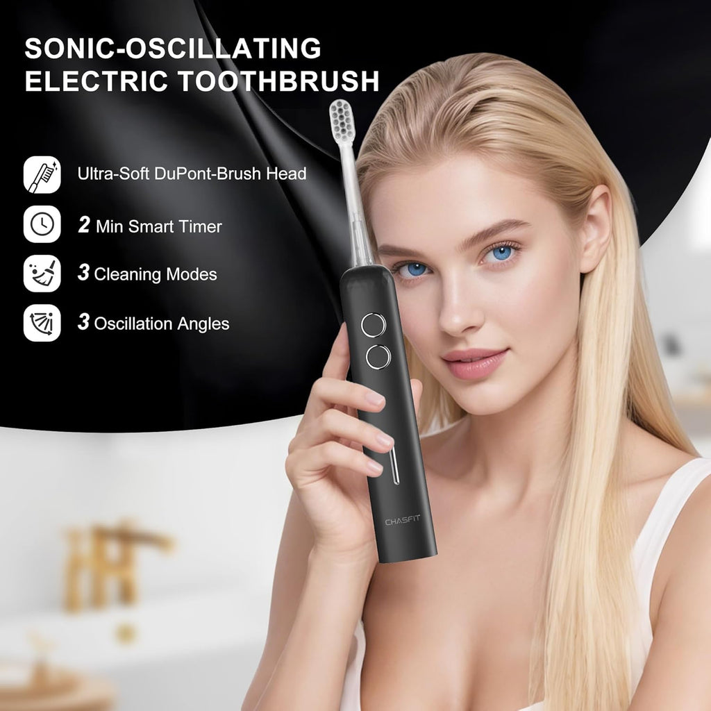 Electric Toothbrush Wave Oscillation & Vibration Sonic Tooth Brush for Adults BASS-Brushing Technique Travel Rechargeable Toothbrushes 4 Soft Bristle Replace Heads IPX7 Gifts for Men Women Black