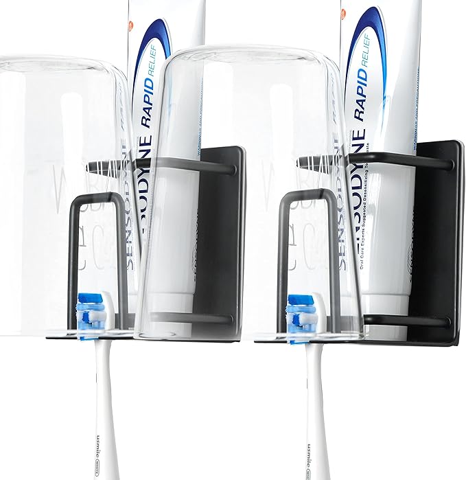 Stainless Steel Adhesive Wall Mounted Toothbrush Holder, 3 in 1 Organizer for Toothbrush, Toothpaste, and Cup (Black (2 Pack))