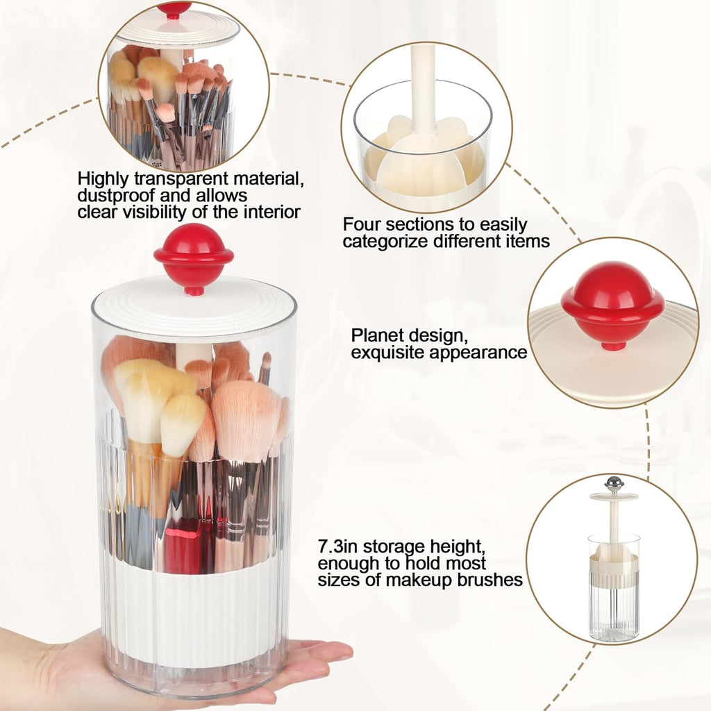 2 Pack Makeup Brush Holder with Lid Automatic Lifting Makeup Brush Organizer with Lid Dustproof & Waterproof 4-Compartment Clear Makeup Organizer for Vanity,Office,School,Dorm Room,Red+Silver