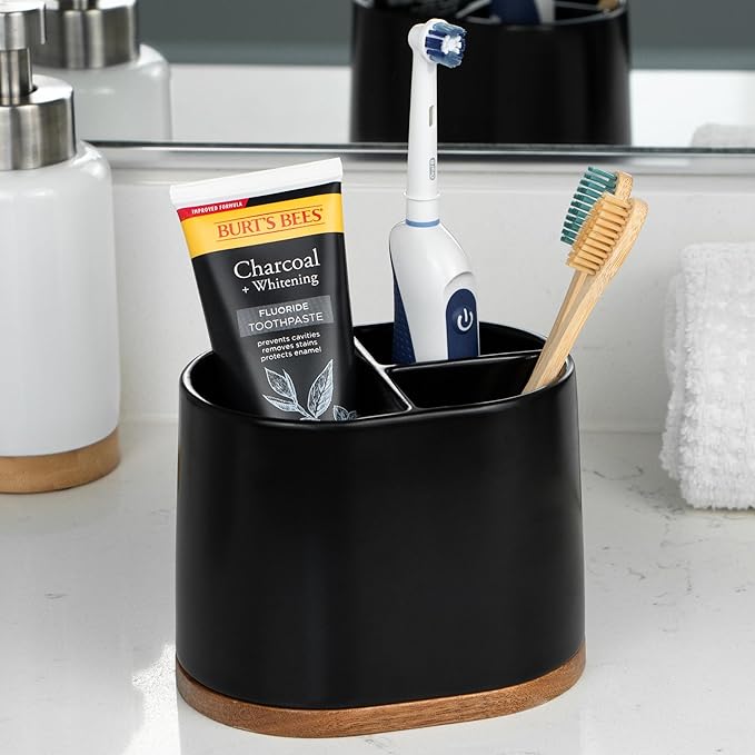 DAILY RITMO® Large Black Toothbrush Holder for Bathrooms with Bamboo Base | Modern 3 Slots Compartment White Ceramic Marble Like Toothpaste Cup for Electric and Kids Tooth Brushes