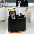 DAILY RITMO® Large Black Toothbrush Holder for Bathrooms with Bamboo Base | Modern 3 Slots Compartment White Ceramic Marble Like Toothpaste Cup for Electric and Kids Tooth Brushes