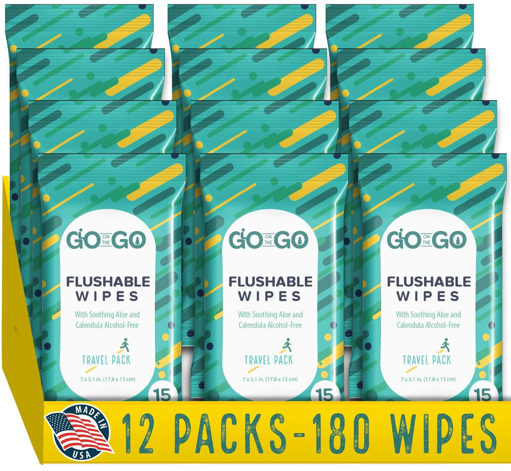 Flushable Wet Wipes for Travel - Travel Flushable Wipes with Soothing Aloe and Calendula - 12 Packs of 15 Count Each - 180 Wipes Total