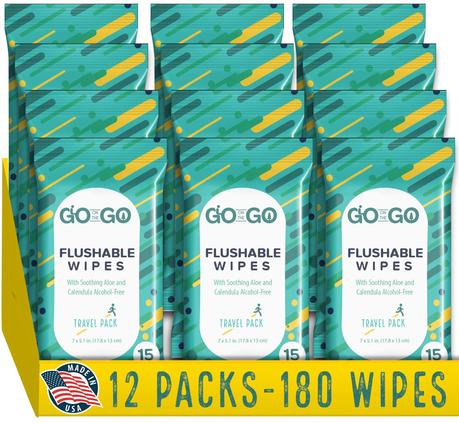 Flushable Wet Wipes for Travel - Travel Flushable Wipes with Soothing Aloe and Calendula - 12 Packs of 15 Count Each - 180 Wipes Total