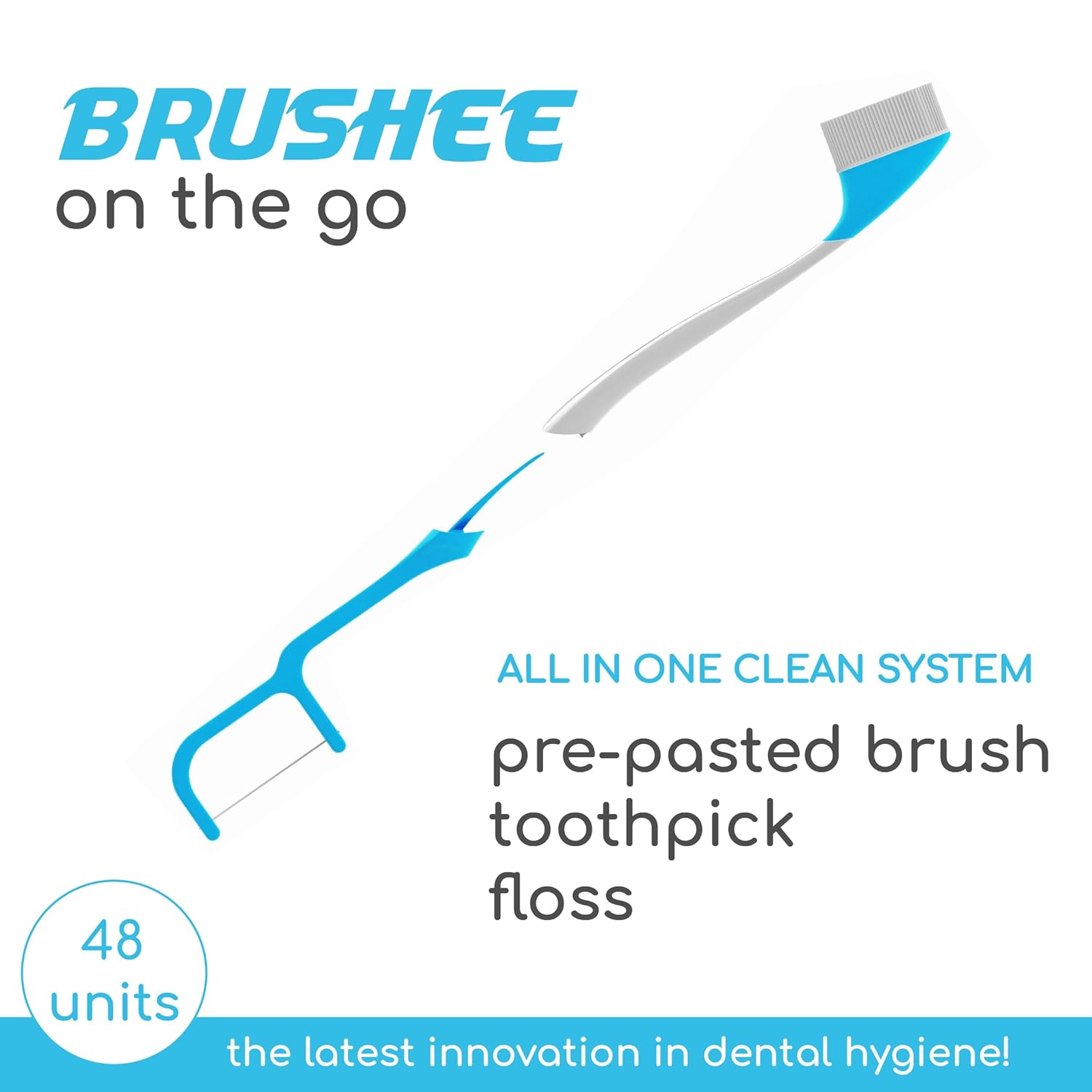 Brushee - The Evolution of Oral Care | 4-in-1 Tool (Paste + Brush + Floss + Pick) | Individually Wrapped | Disposable | Prepasted Travel Toothbrushes | Small Adult Toothbrush - (48-Pack)