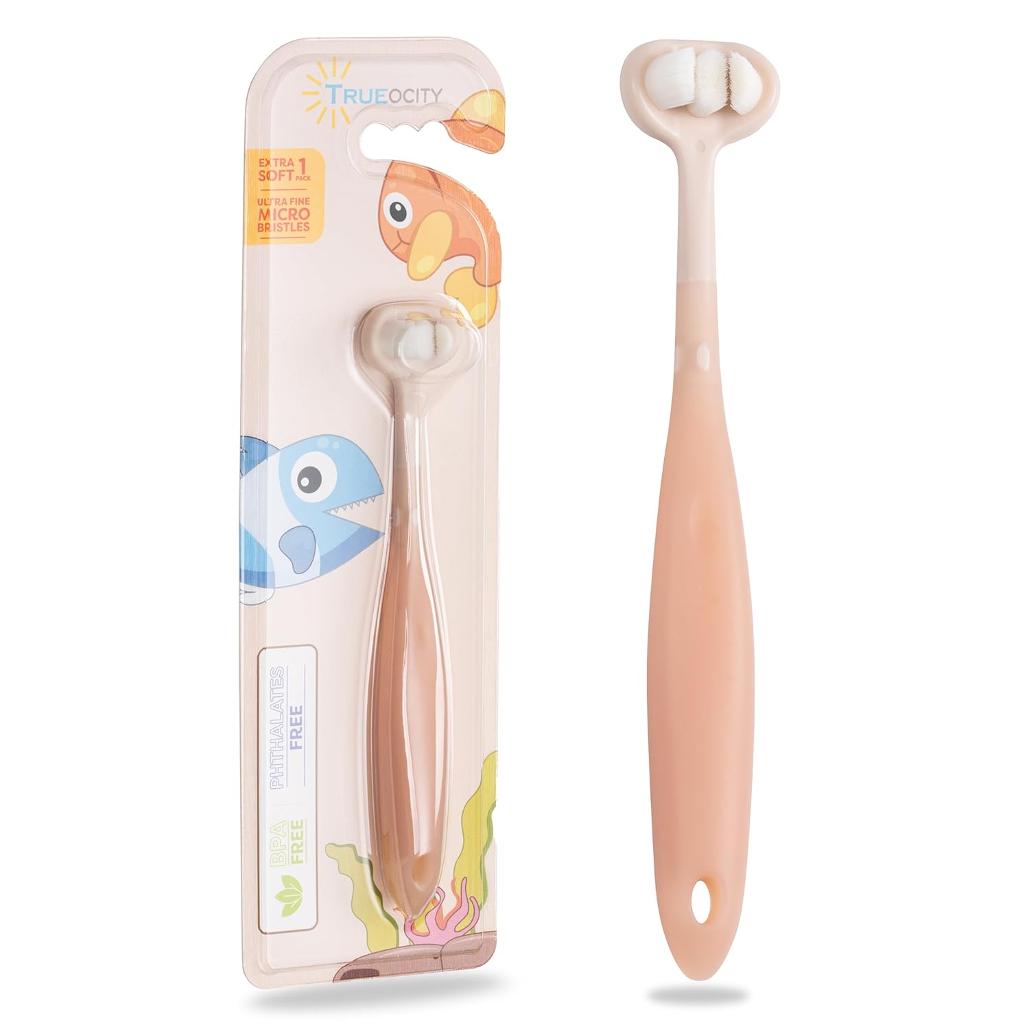 Trueocity Baby Toothbrush 12 Months and Up, Toddler Toothbrush, Extra Soft Toddler Toothbrushes 1-2 2-4, Toothhugger High Efficient 3 Sides,Infant Training Brush, 10,000 Ultra-Soft bristles (Apricot)