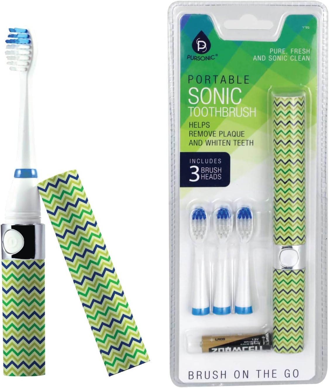 Pursonic Portable Sonic Toothbrush Battery Operated, Battery Included, 3 Brush Heads Included, 22,000 Strokes Per Minute, Brush On The Go (Green)