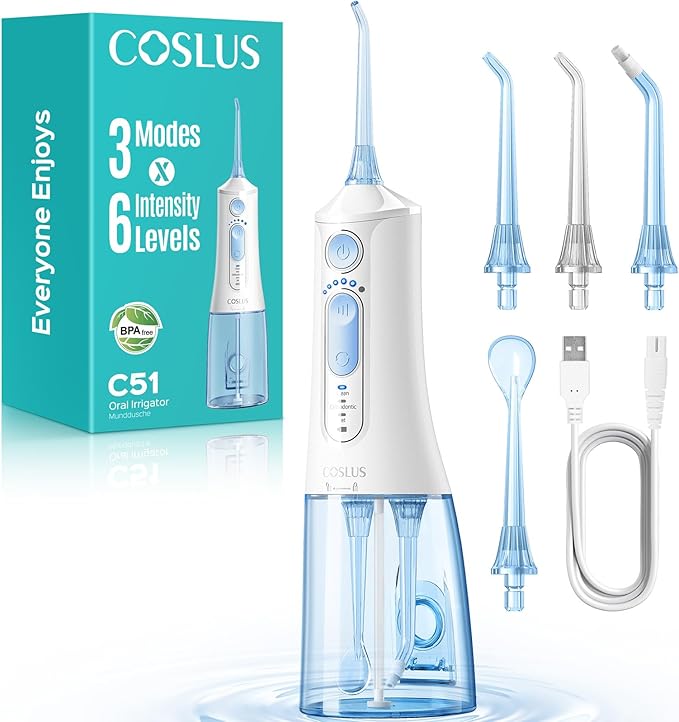 COSLUS Portable Water Flosser for Teeth: 3 Modes & 6 Pressure Settings with Jet Mode Water Dental Pick for Orthodontic, Braces, Sensitive Gums, Compact for Travel, 300ML for Multiple Users, White C51