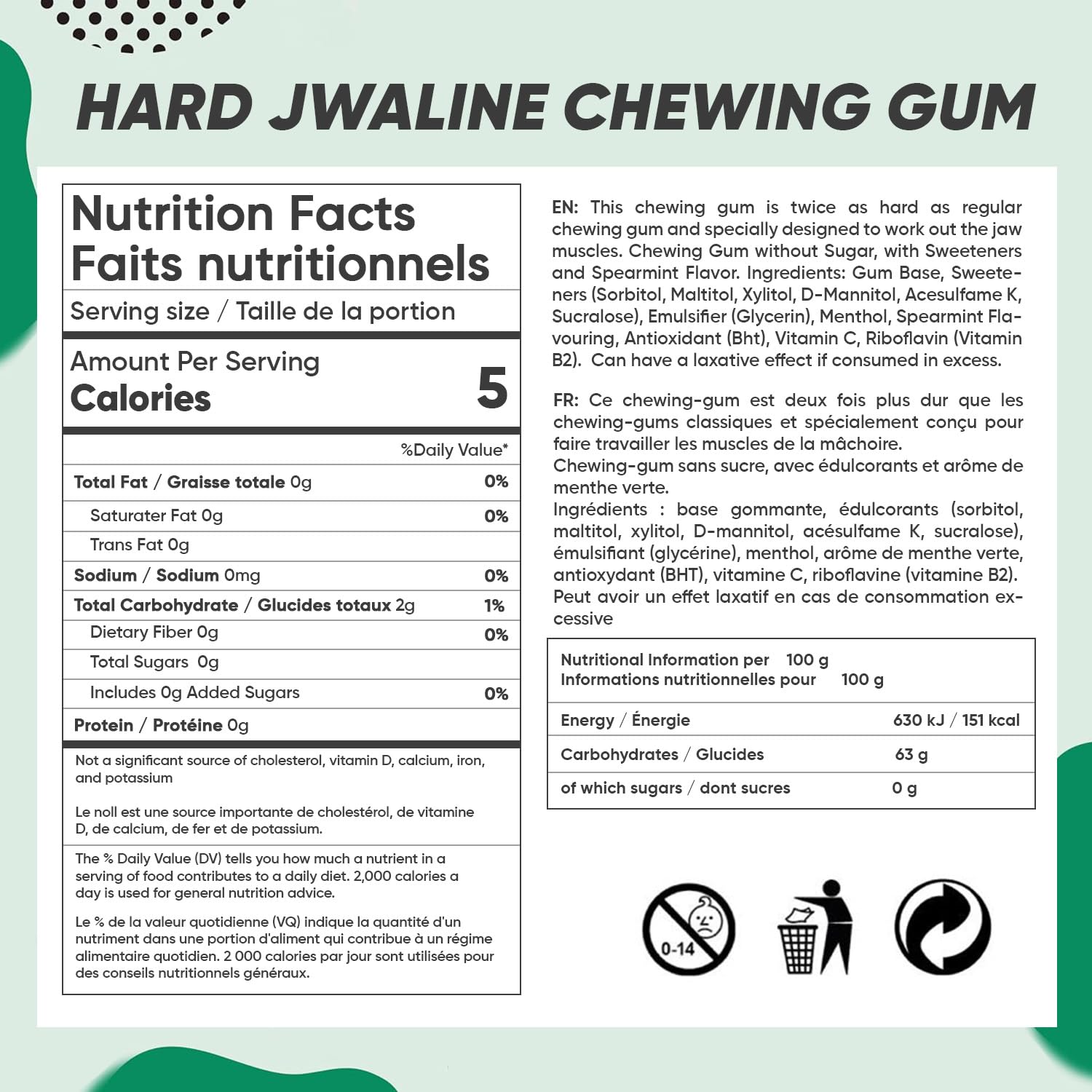 Jawliner® Hard Jwaline Chewing Gum - Sugar Free Spearmint Tough Jaw Gum - Jaw Exerciser Strong Mewing Jawline Mistic Gum - 2x Harder than Regular Chewing Gum 330 Grams (120 Strips)