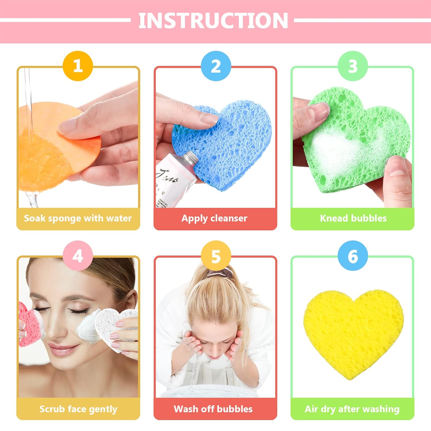 Nuenen 60 Pieces Facial Sponges with Container, Heart Shape Compressed Face Sponges Natural Cleaning Pads for Washing Face Cleaning Exfoliating Esthetician Makeup Removal(Multi Colors)