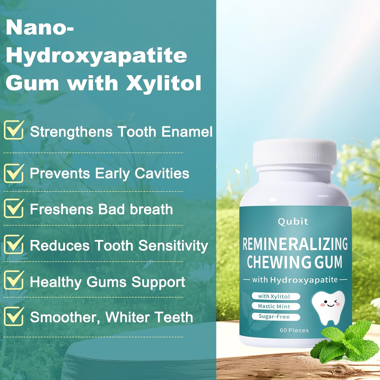 Remineralizing Chewing Gum with Nano-Hydroxyapatite – Sugar-Free Mastic Mint – Enamel Protection, Fresh Breath & Oral Health, Long-Lasting Flavor – 60 Pieces