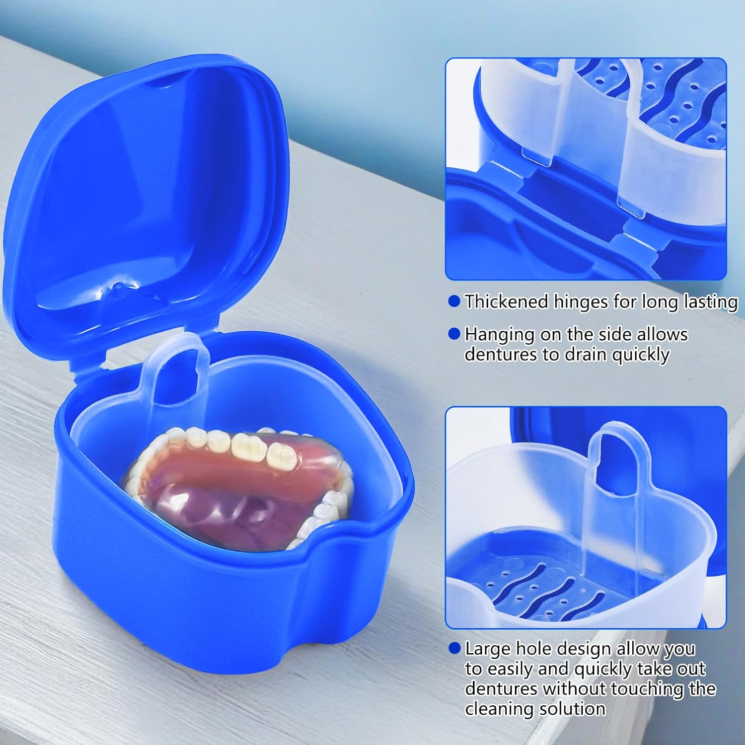 2 Pack Denture Bath Case Cup with Lid and Strainer Basket, Retainer Cleaner Case Dental False Teeth Container with 2 Travel Brushes, Lake Green and Dark Blue