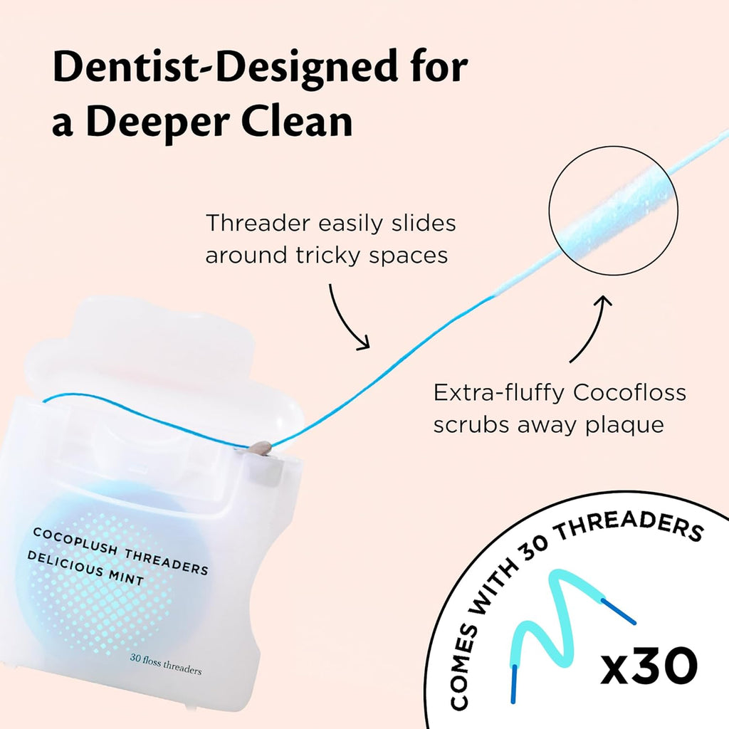 Cocofloss CocoPlush Threaders, Dental Floss for Implants, Bridges, and Braces, Mint, Waxed, Dentist-Designed Oral Care with Coconut Oil, 30 Per Pack