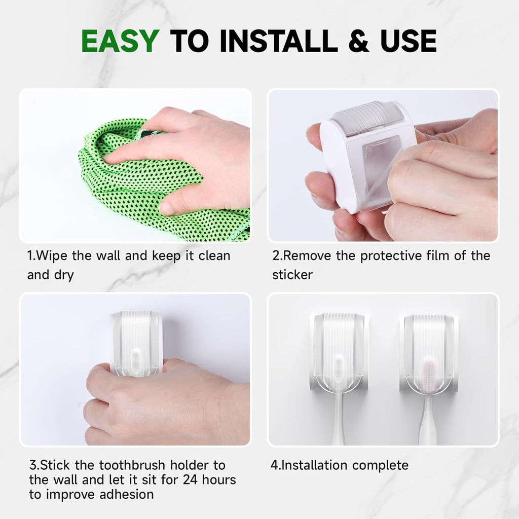 2 Pcs Toothbrush Holders Wall Mounted, Single Slot Design, Shower Self Adhesive Wall Mounted Toothbrush Holder with Cover, Waterproof and Dustproof, Suitable for Bathroom, Family, Travel (Transparent)