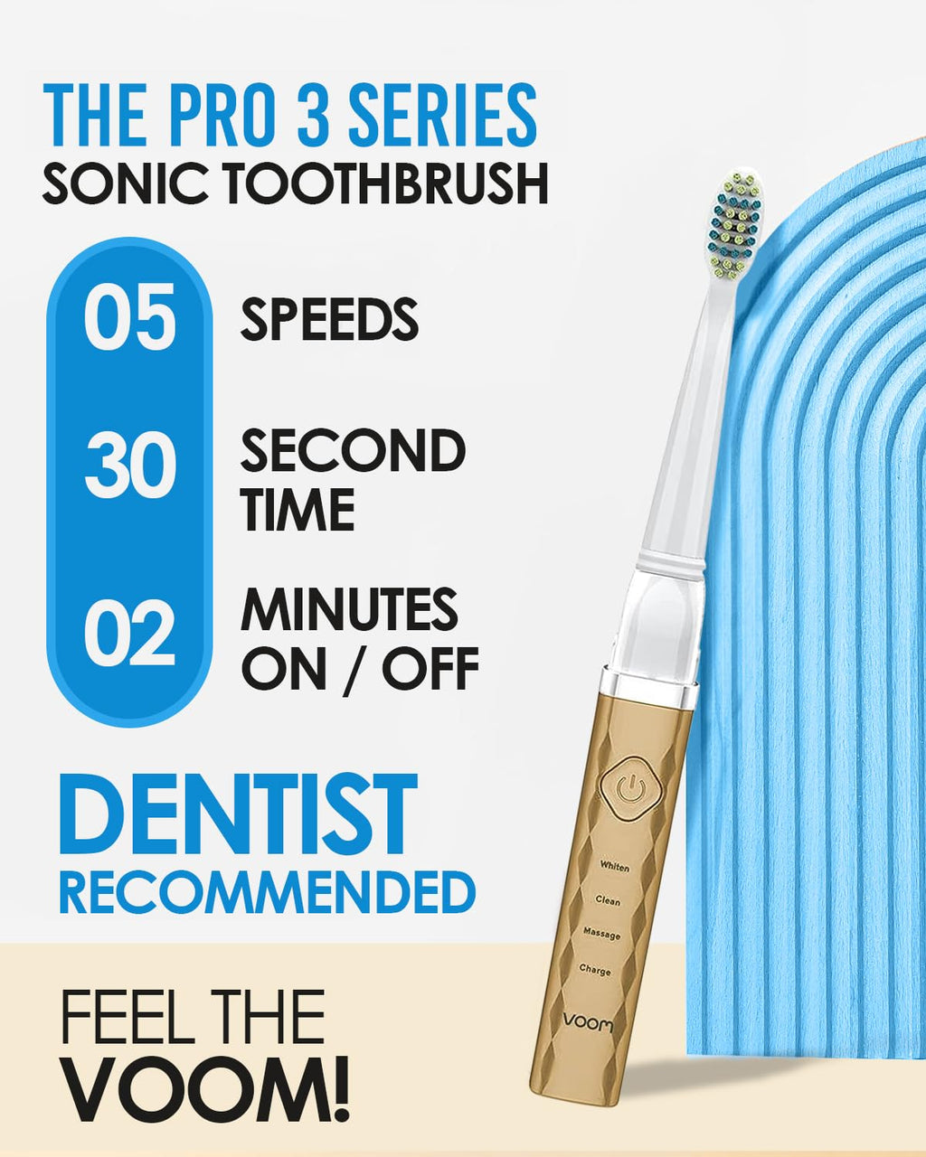 Voom Sonic Pro 3 Rechargeable Electric Toothbrush with Soft Dupont Nylon Bristles Dentist Recommended Portable Oral Care 2-Minute Timer 3 Adjustable Speeds Light Weight Design - Gold