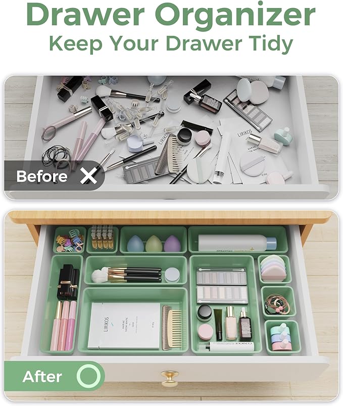 25 PCS Plastic Drawer Organizers Set, 4-Sizes Vanity and Makeup Organizer, Desk and bathroom Drawer Organizer Trays, Organizers and Storage for Makeup, Jewelry, Gadgets, Utensils (Green)