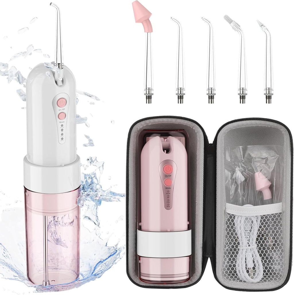 Water Dental Flosser for Teeth Cleaning and Flossing with Travel Size Case – Rechargeable Oral Irrigator, KOOVON Portable Water Flosser for Adults, IPX7 Waterproof, 5 Jet Tips & 4 Modes, Pink