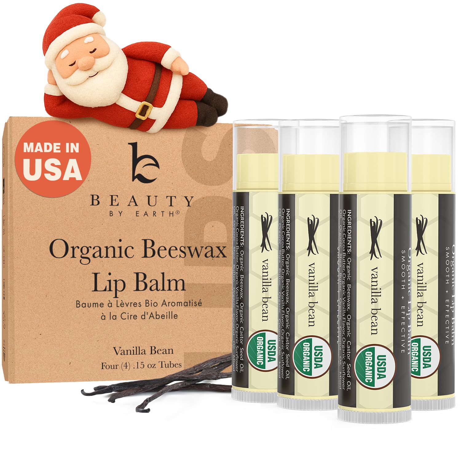 USDA Organic Lip Balm - USA Made with Natural Ingredients, Stocking Stuffers for Adults & Teens, Beeswax Vanilla Chapstick for Dry Lips, Beauty Gifts for Women, Birthday Gifts for Her & Him