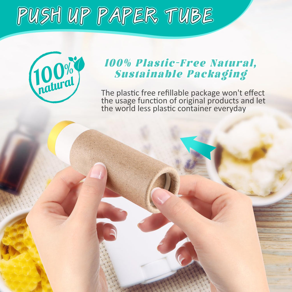 50 Pcs 0.3 oz Paperboard Lip Balm Tube,Empty Kraft Paper Chapstick Tube Holder,Push-Up Style Biodegradable Solid Perfume Lip Gloss Container for Lip Balm,Natural Compostable Container - Brown