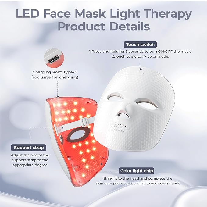 Red Light Therapy for Face LED Face Mask Light Therapy Cordless USB Rechargeable,Red Mask for Home Working Travel Yoga Sleep