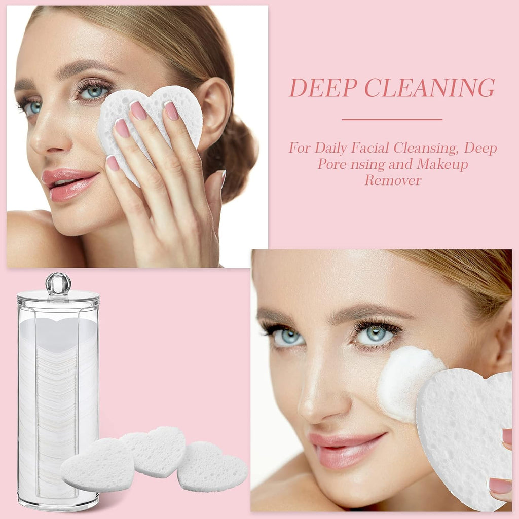 Sieral 120 Pcs Compressed Facial Sponges with Container Disposable Face Sponge Pads for Washing Face Cleansing Exfoliating Esthetician Makeup Removal(Heart,White)