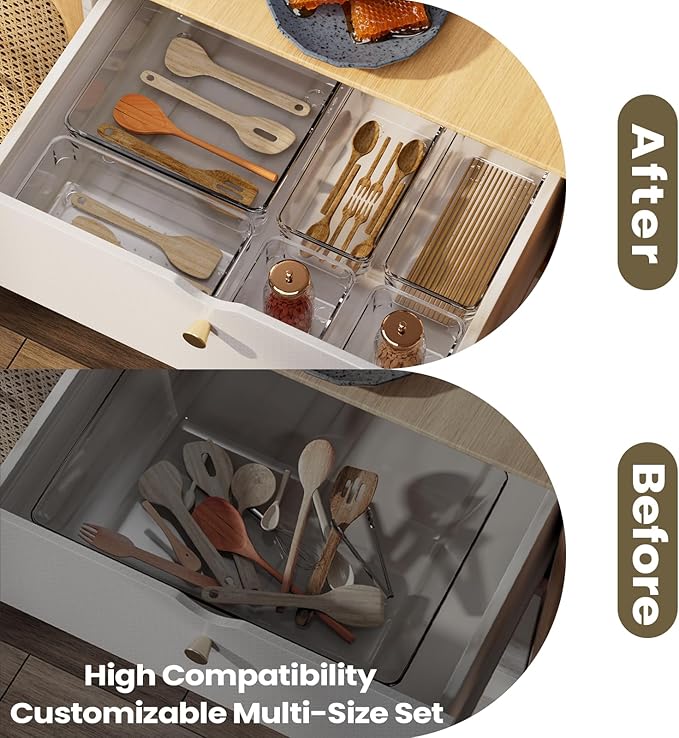 27 PCS Clear Plastic Drawer Organizer Set, 4 Sizes Acrylic Drawer Storage Trays Non Slip Storage Bins for Makeup, Jewelry, Gadgets for Kitchen, Bedroom, Bathroom, Office