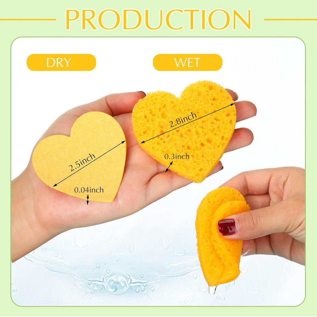 Nuenen 60 Pieces Facial Sponges with Container, Heart Shape Compressed Face Sponges Natural Cleaning Pads for Washing Face Cleaning Exfoliating Esthetician Makeup Removal(Yellow)