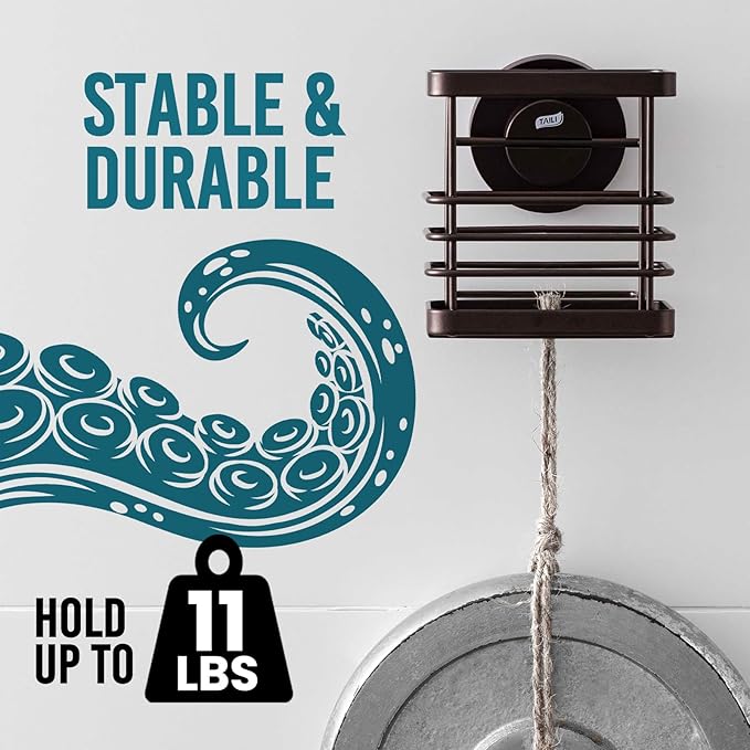 TAILI Patented Suction Cup Toothbrush Holder, Stainless Steel Anti-Puddling Toothbrush Shower Holder, No Drilling Removable Organizer for Bathroom Toothpaste, Razor, Kitchen and Office Items, Brown