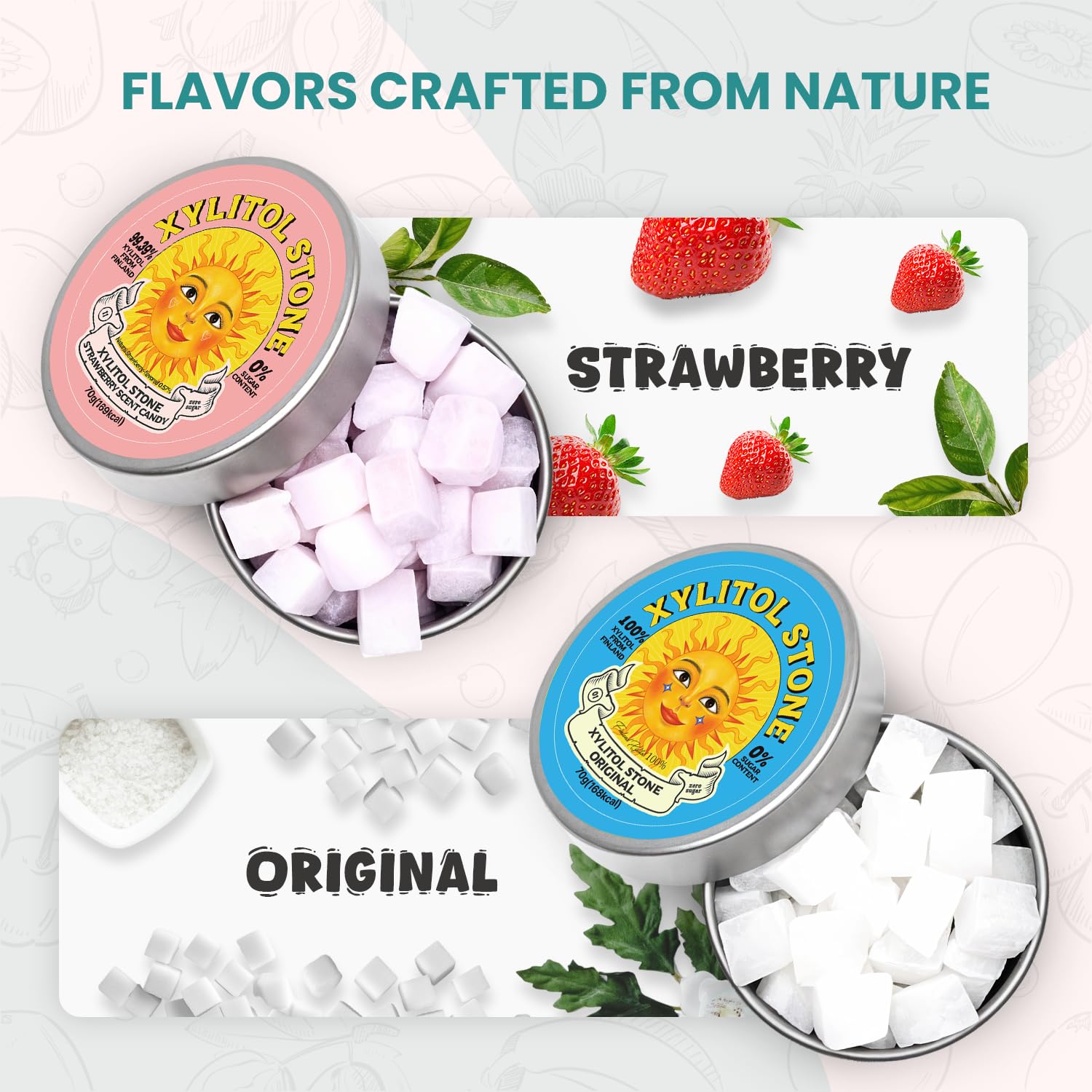 Xylitol Stone Sugar Free Candy - Vegan & Keto Friendly Unique Hard Candy - 100% Natural Flavor Candies - Gluten Free & Non-GMO Breath Freshener Low Calorie Mints - Pack of 2 (Original, Strawberry)