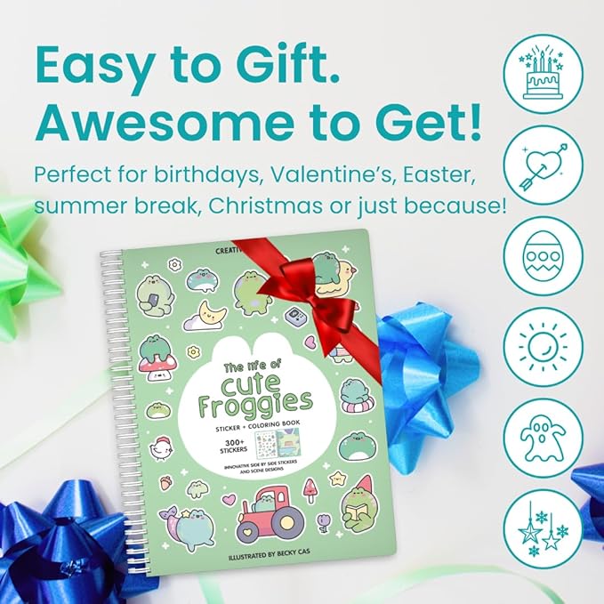 Cupkin Frogs Sticker Book Activity for Kids, Toddler Airplane Travel Essentials, 300+ Brogs Stickers for Kids + 8 Scenes + Coloring Book Pages, Rabbit Lover Gift, Children's Crafts Ages 2-8