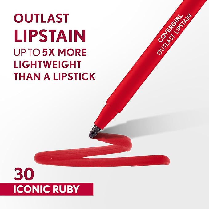 Covergirl Outlast, 30 Iconic Ruby, Lipstain, Smooth Application, Precise Pen-Like Tip, Transfer-Proof, Satin Stained Finish, Vegan Formula, 0.06oz
