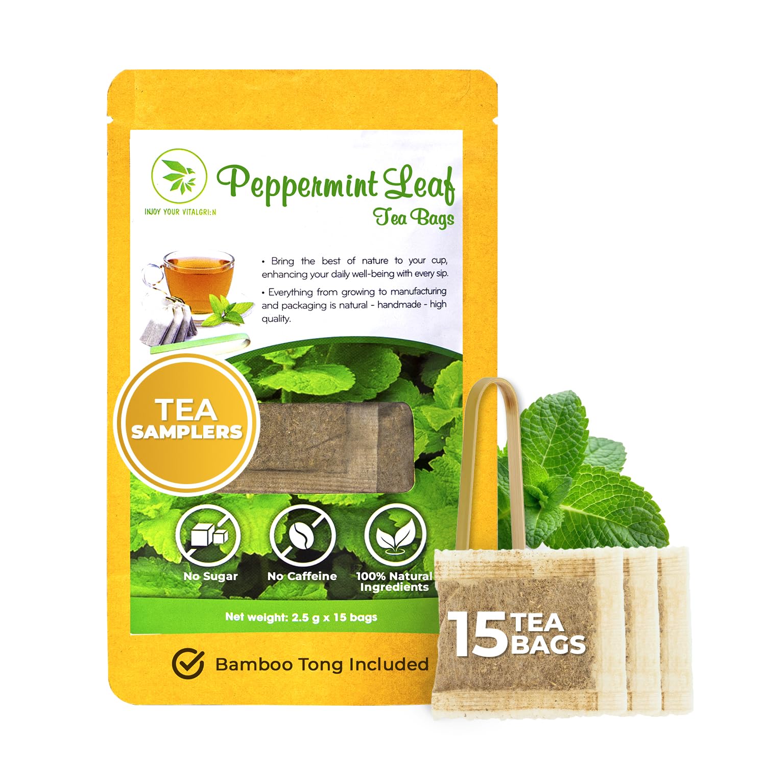 Peppermint Tea Bags - 15 Count, Mini Tea Samplers, Bamboo Tong Included, Re-Steep Herbal Tea, Cool Fresh Breath, Warm Heat, Stomach Relief, Relax, Support