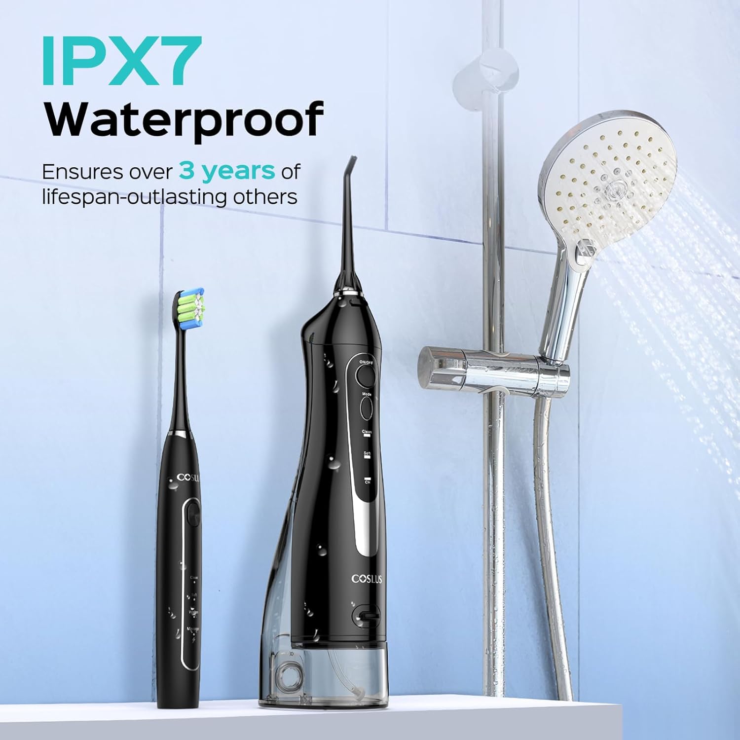 COSLUS Portable Water Flosser with Electric Toothbrush Combo: 2-in-1 Oral Clean Kit for Teeth, Braces, Gums Care - Brushing & Flossing for Adults, Family, Travel Use, BPA-Free, Black, C20 & C41