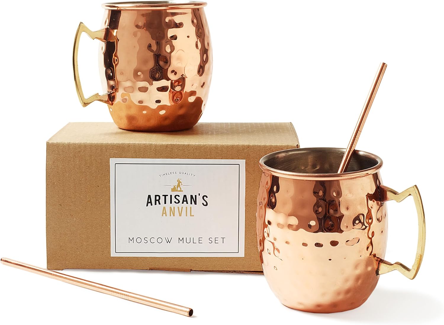 Artisan's Anvil Moscow Mule Mugs | Large Size 16 ounces | Set of 2 Hammered Cups | Stainless Steel Lining (Set of 2 Mugs- Copper)