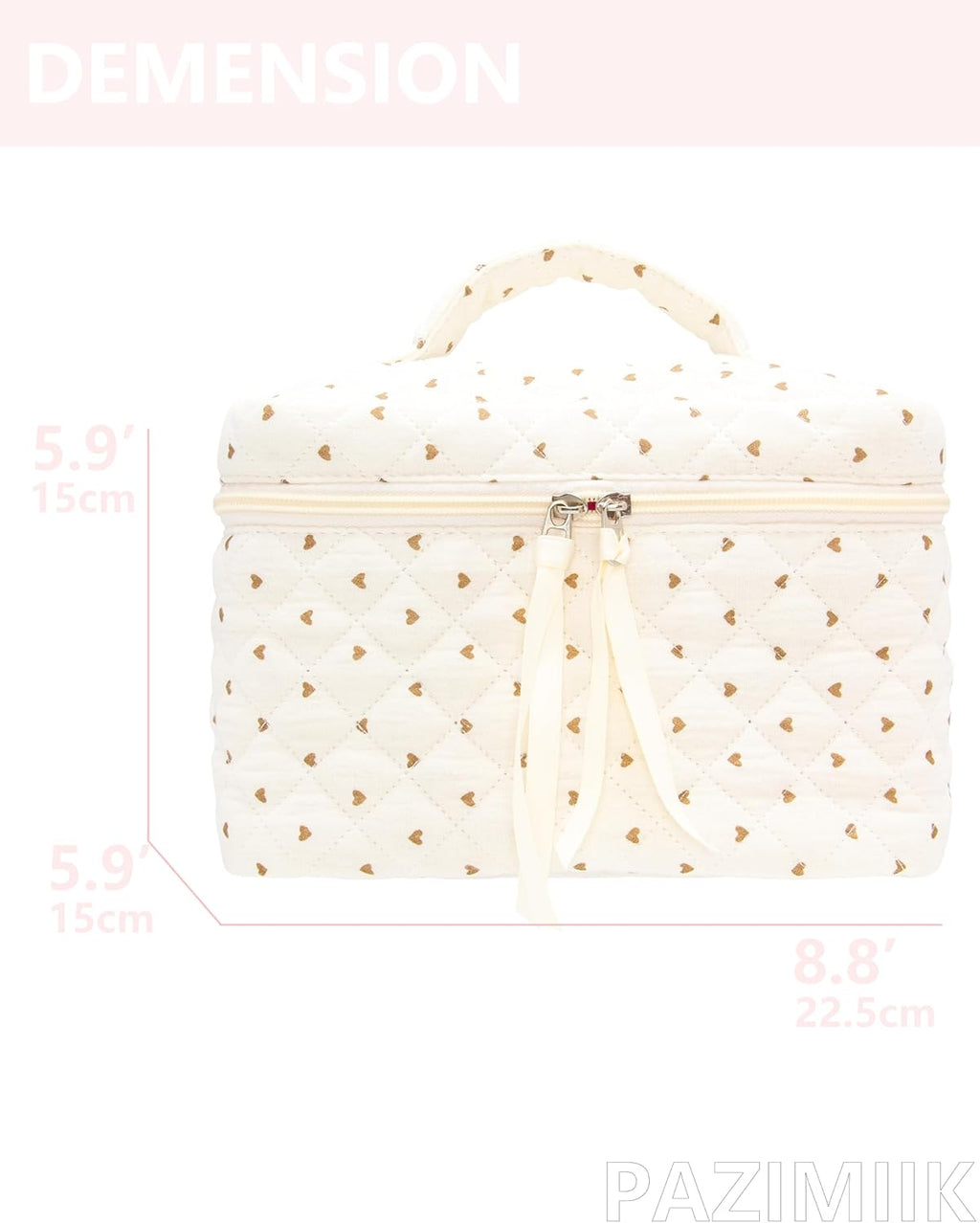 PAZIMIIK Quilted Makeup Bag Large Travel Zipper Soft Cosmetic Case for Women Girls Make Up,Gauze Heart Coffee