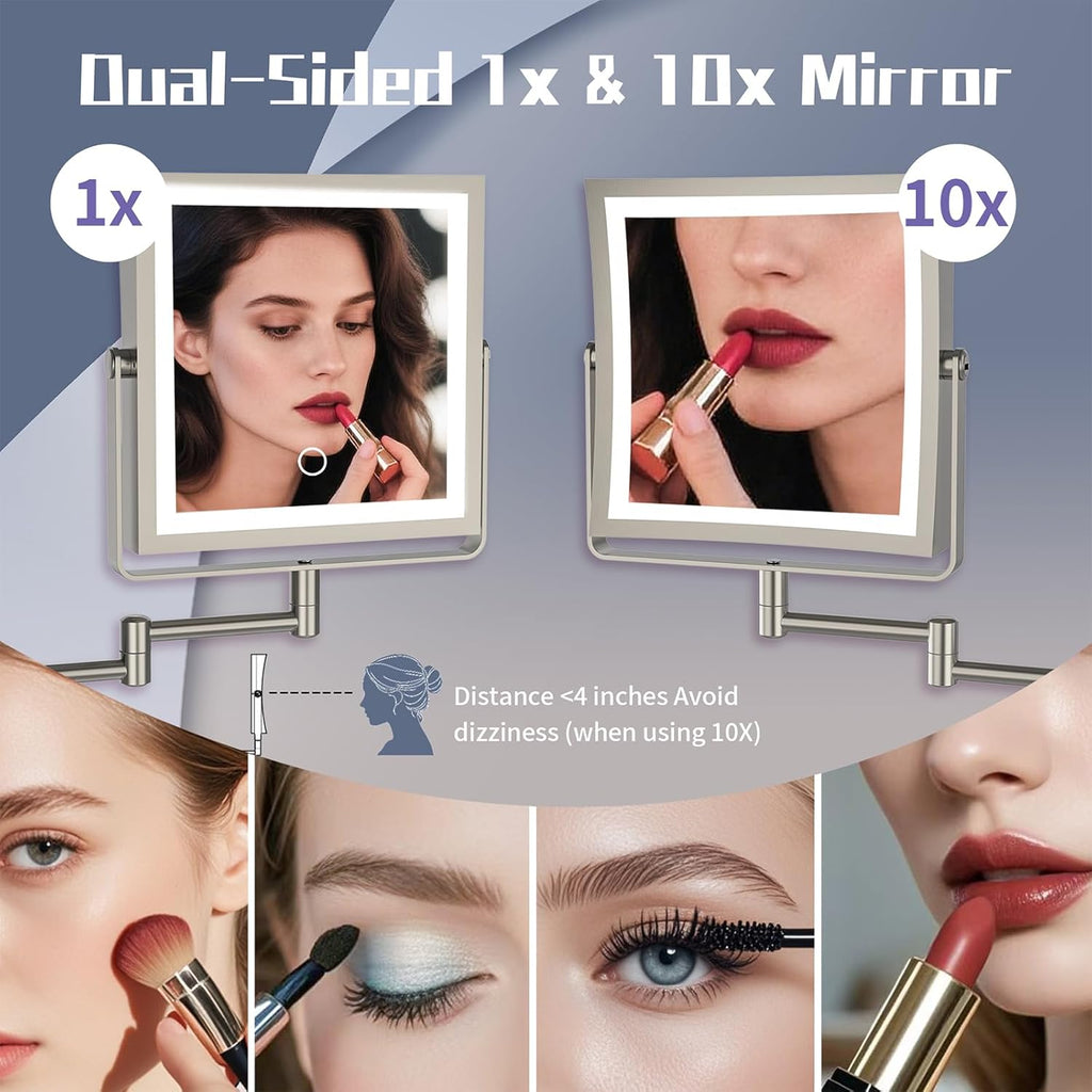 Wall Mounted Makeup Mirror with Lights 4000mAh Rechargeable Double Sided 1X/10X Magnifying Lighted Vanity Mirror with 3 Color Lights & Touch Dimmable 360° Rotation Extension Swing Arm for Bathroom