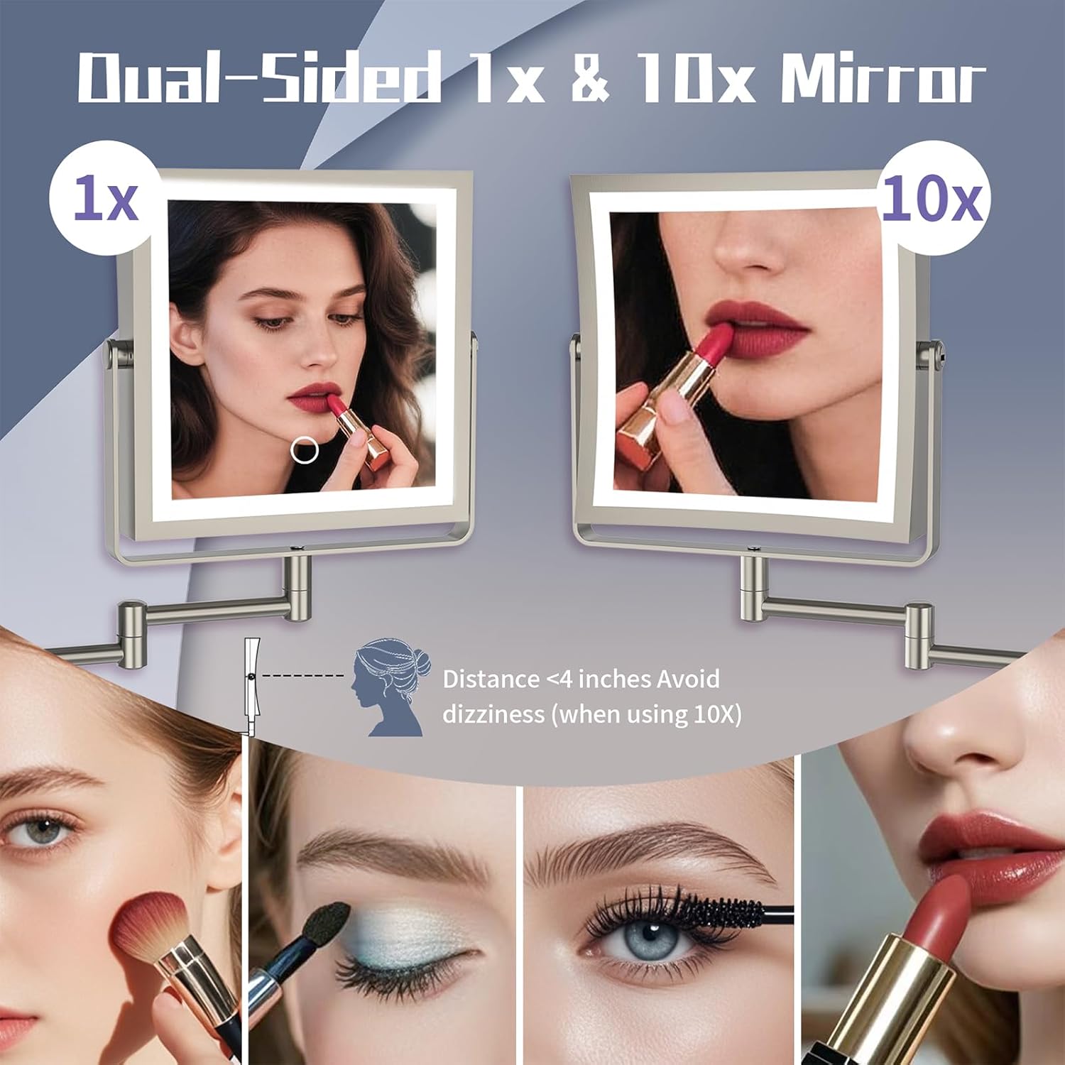 Wall Mounted Makeup Mirror with Lights 4000mAh Rechargeable Double Sided 1X/10X Magnifying Lighted Vanity Mirror with 3 Color Lights & Touch Dimmable 360° Rotation Extension Swing Arm for Bathroom