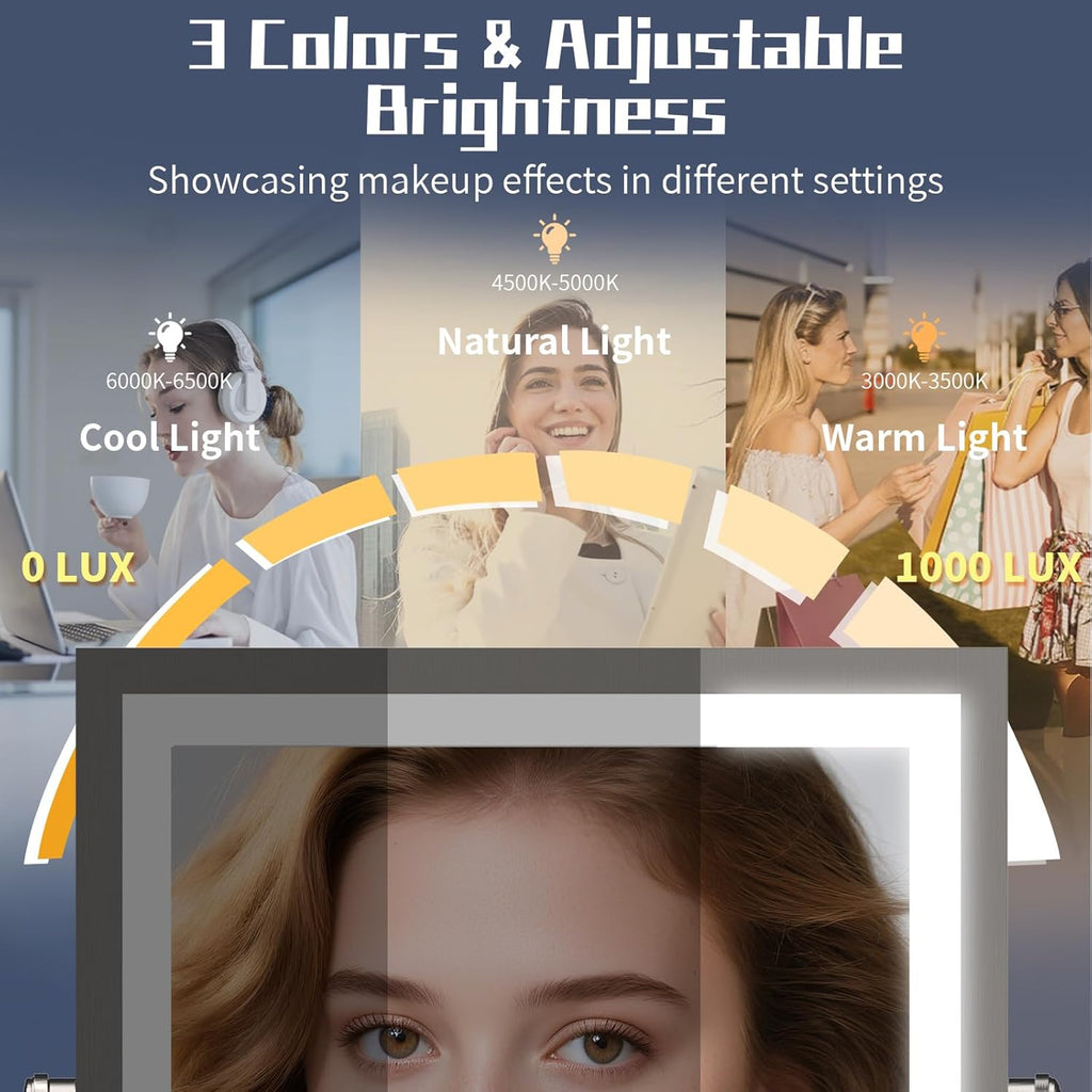 Wall Mounted Makeup Mirror with Lights 4000mAh Rechargeable Double Sided 1X/10X Magnifying Lighted Vanity Mirror with 3 Color Lights & Touch Dimmable 360° Rotation Extension Swing Arm for Bathroom