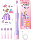 JTF Kids Electric Toothbrush Rechargeable: Sonic Tooth Brush with Smart Timer 5 Brushing Modes 4 Soft Brush Heads IPX7 Waterproof and DIY Sticker, Portable Pink Children Toothbrushes for Girl, Ages 3+