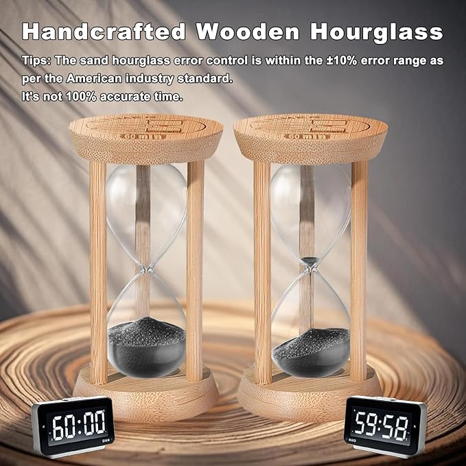 5 Minute Wooden Sand Timers, Bamboo Mini Black Sand Hourglass for Productivity, Meditation & Decor, 5 Min Small Reloj De Arena for Kitchen, Office, Yoga, Game, Classroom
