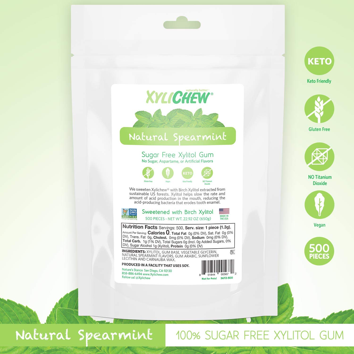 Xylichew 100% Xylitol Chewing Gum - Non GMO, Non Aspartame, Gluten Free, and Sugar Free Gum - Natural Oral Care, Relieves Bad Breath and Dry Mouth - Spearmint, 500 Count